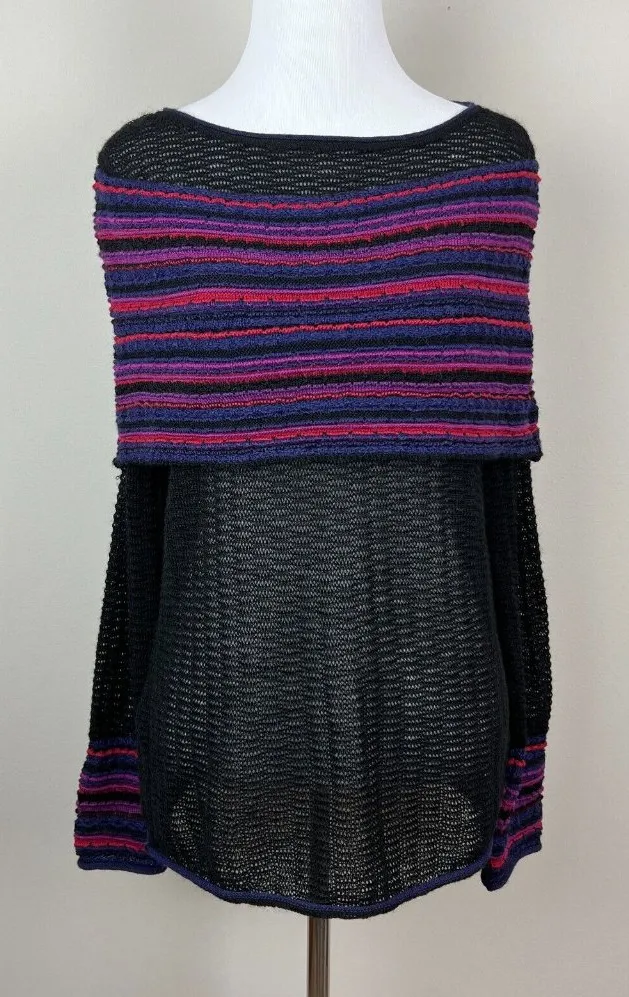 MFH Knits Sweater Womens Medium Black 100% Baby Alpaca Multicolor Open Knit Top - Image 1