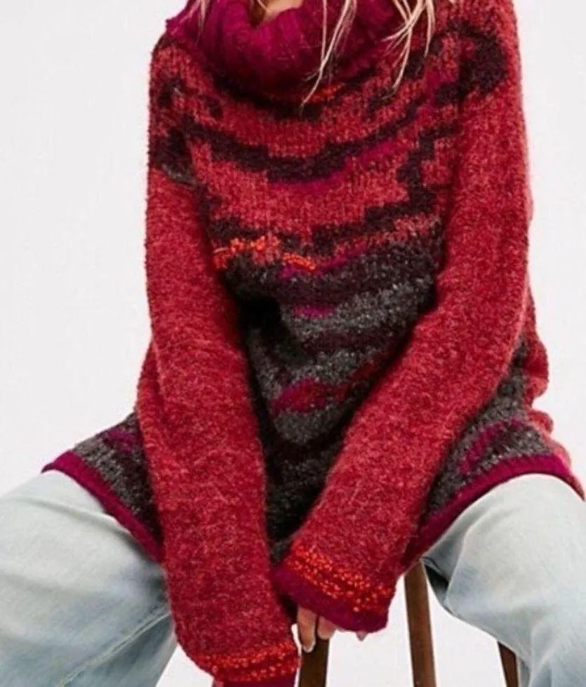 Free People Oversized Chunky Knit Tiger Eye Turtleneck Medium Wool Alpaca Mohair - Image 6