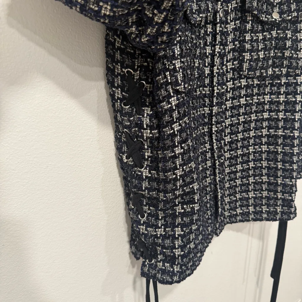 Faith Connexion Black Navy Blue White Laced Tweed Overshirt XS - Image 4