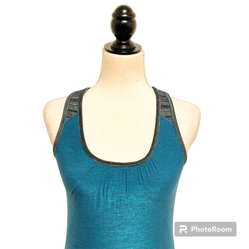 Athleta Teal Grey Black Stripe Metallic Ruched Racerback Shelf Bra Tank Small - Image 5