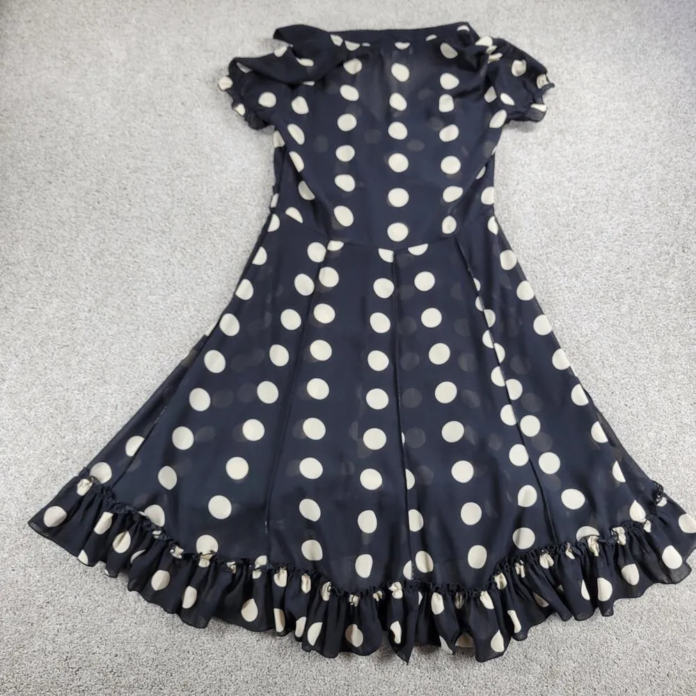 Sandra Darren Womens Dress 10 Black White Polka Dot Faux Wrap Ruffle Hem Sheer - Image 6