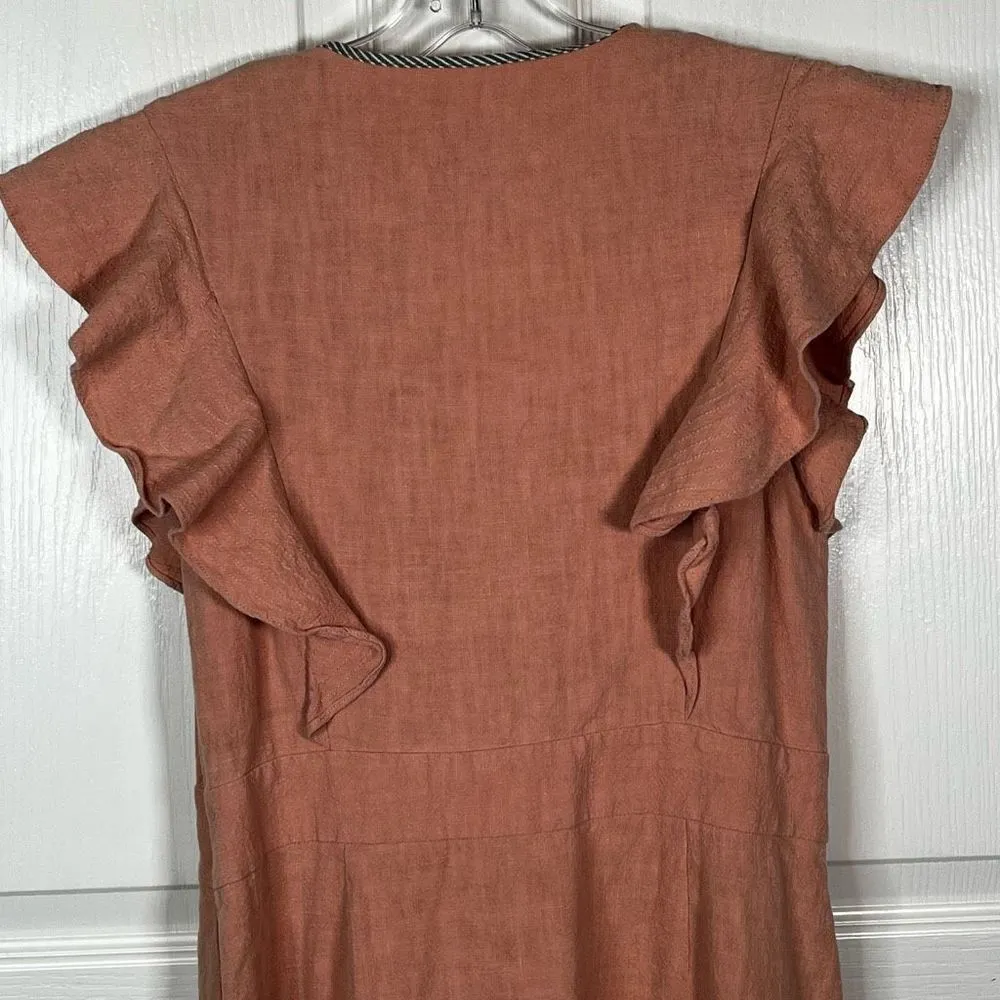 Saylor Sue Linen Dress Dusty Coral Sz L Ruffle Sleeve Button Skirt Revolve - Image 9