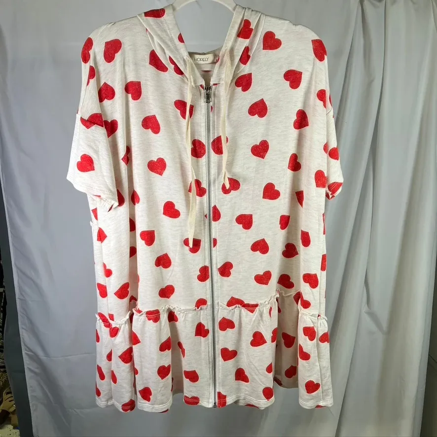 Hopely Women's Large Short Sleeve Zip Up Hoodie Cream Red Hearts Ruffle Hem - Image 13