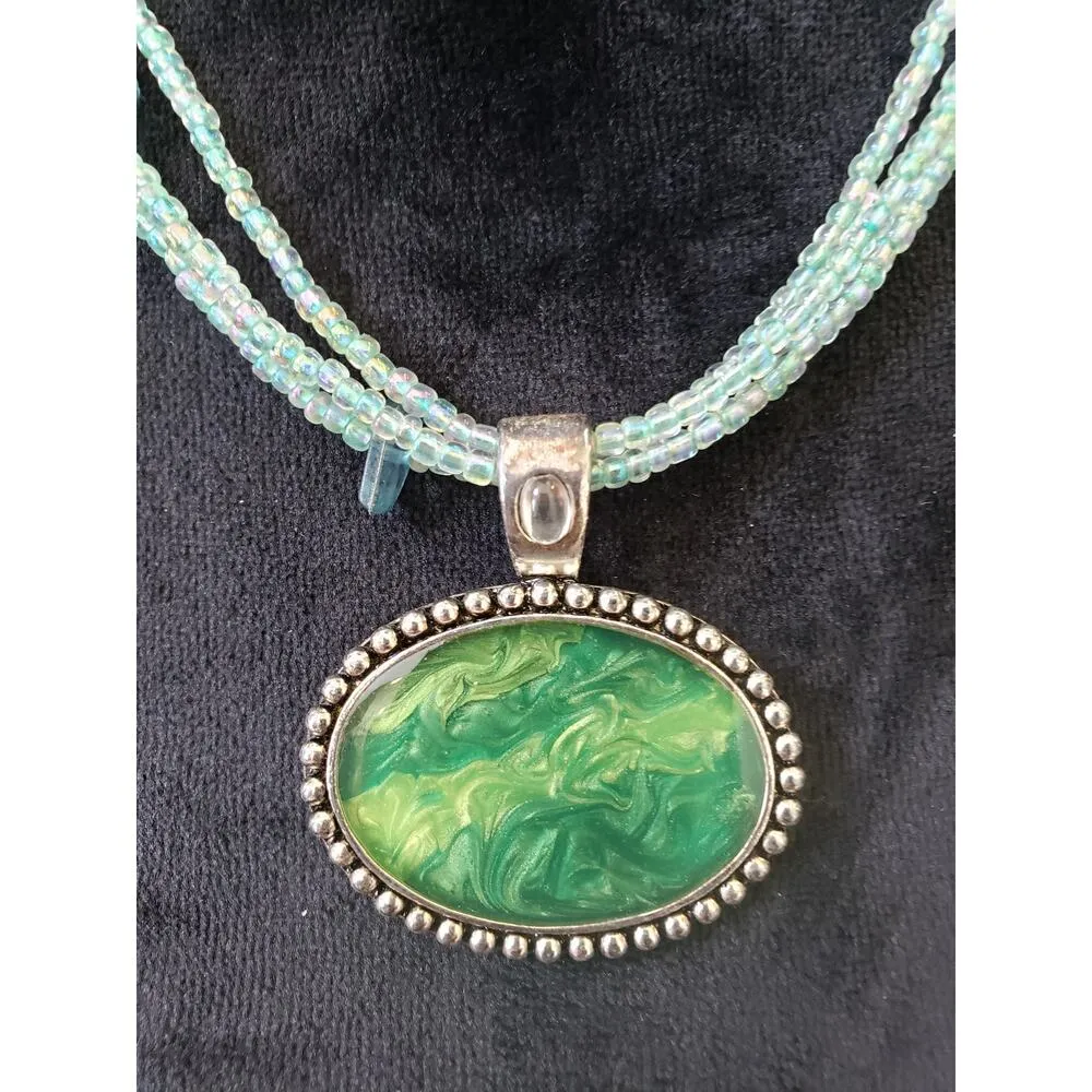 Womens 3 Strand Rainbow Seed Beads Chains Green Enamel Pendant Necklace w/ Claw - Image 3