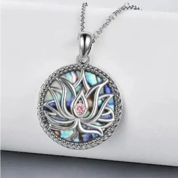 Abalone Shell Lotus Flower CZ Pendant Necklace Silver - Image 3