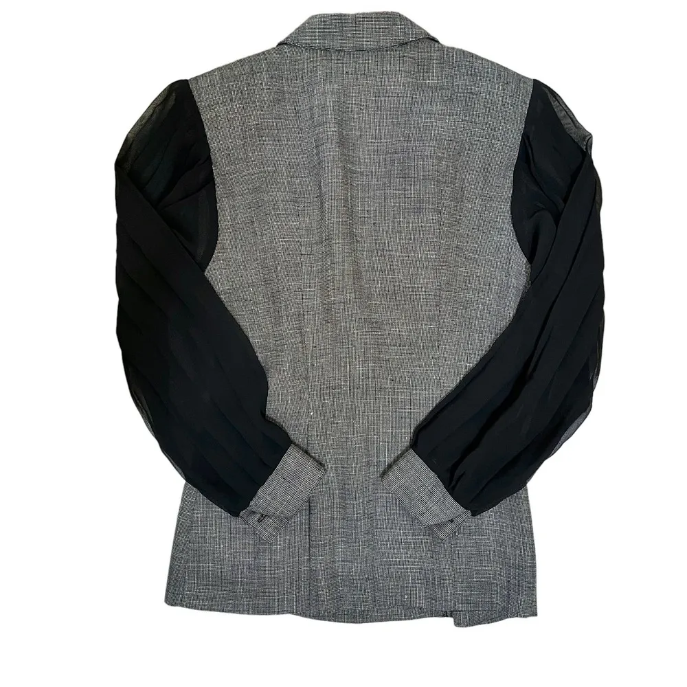 Vintage  Gray Faux-Tweed Blazer with Black Chiffon Puff Sleeves - Image 3