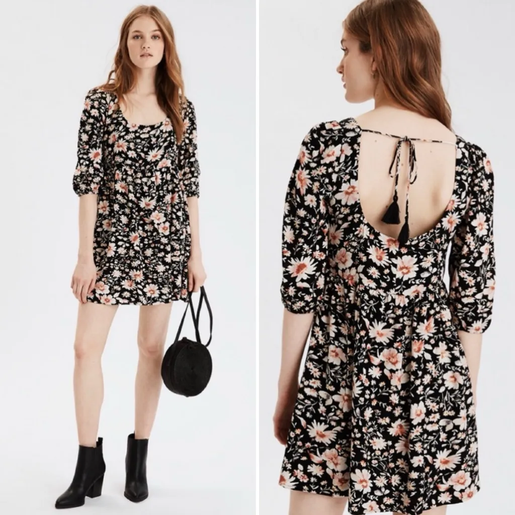AMERICAN EAGLE Floral Printed Puff Sleeve Babydoll Mini Dress Cottagecore XS - Image 2