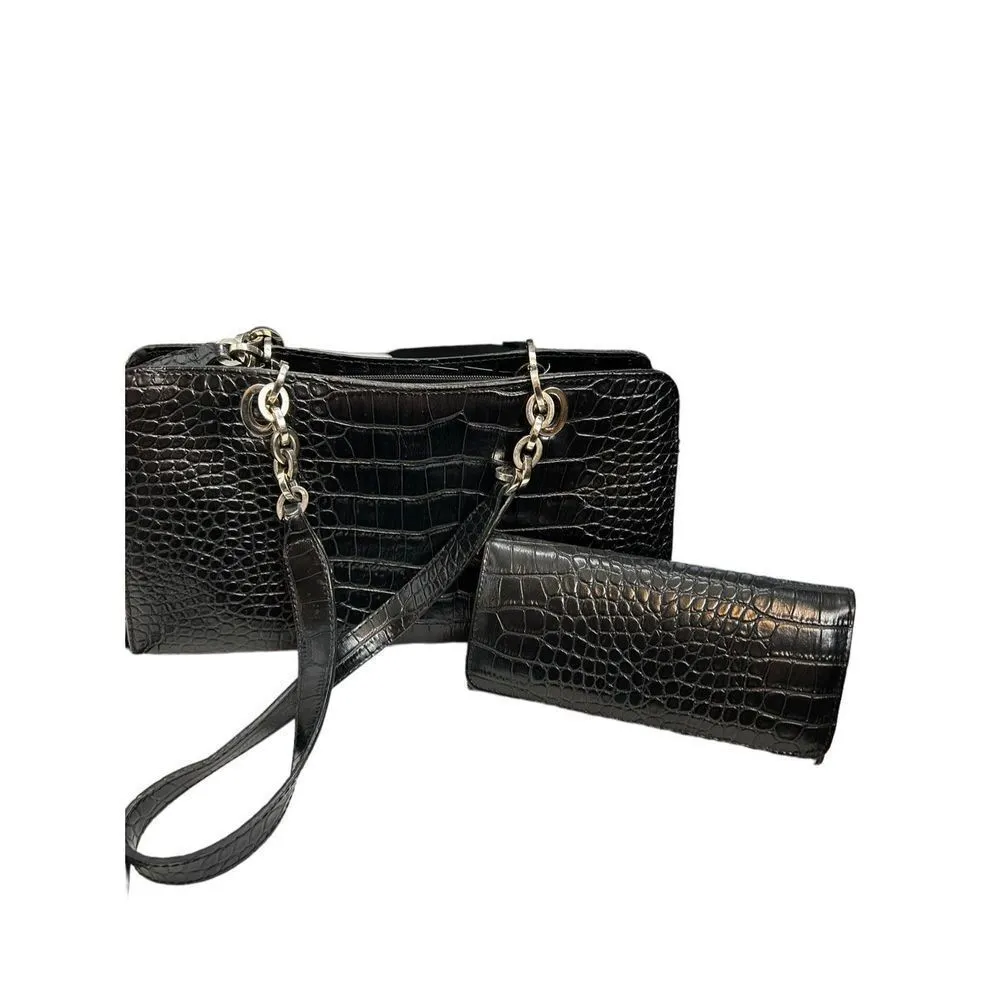 Alligator black printed faux leather shoulder handbag and matching long wallet - Image 2