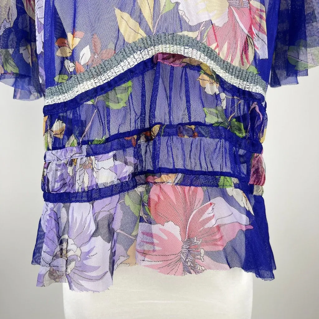 NWOT Johnny Was Biya Giana Mesh Floral Top Blouse Size M Blue - Image 3