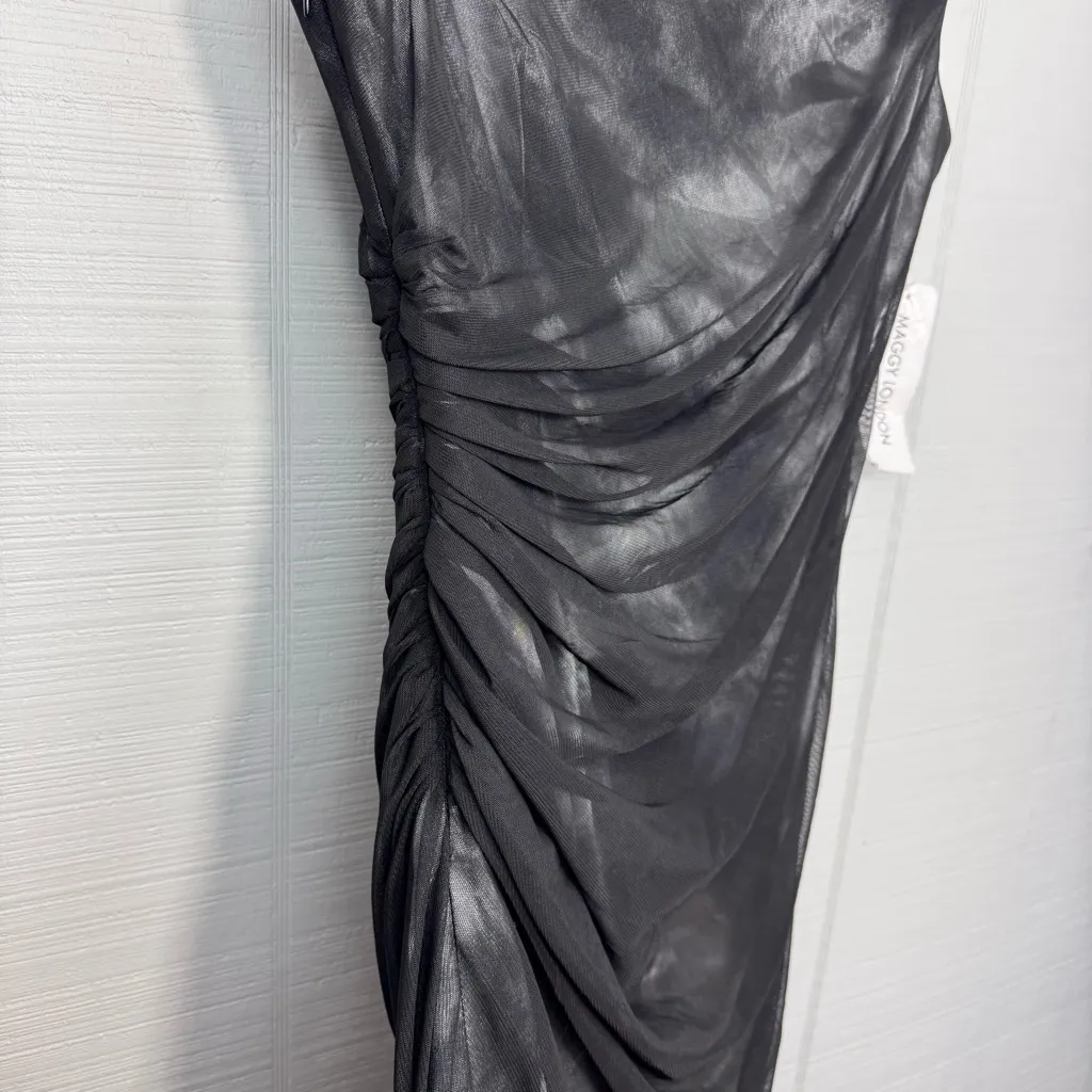NWT Maggy London Silver Metallic Black Sheer Overlay Dress Ruched Side Boat Neck - Image 2