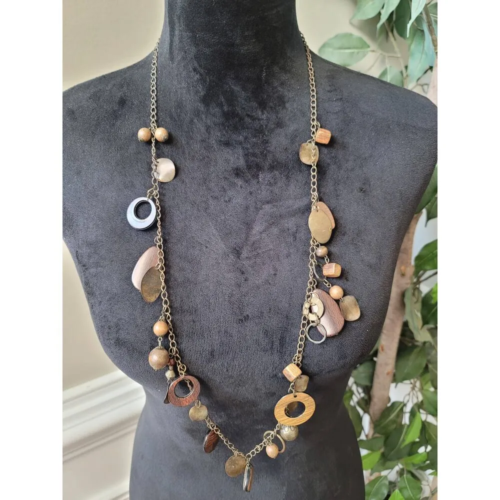 Women's Long Boho Wood Beaded Pendant Necklace Lobster Clasp Chain Jewelry Gold - Image 2