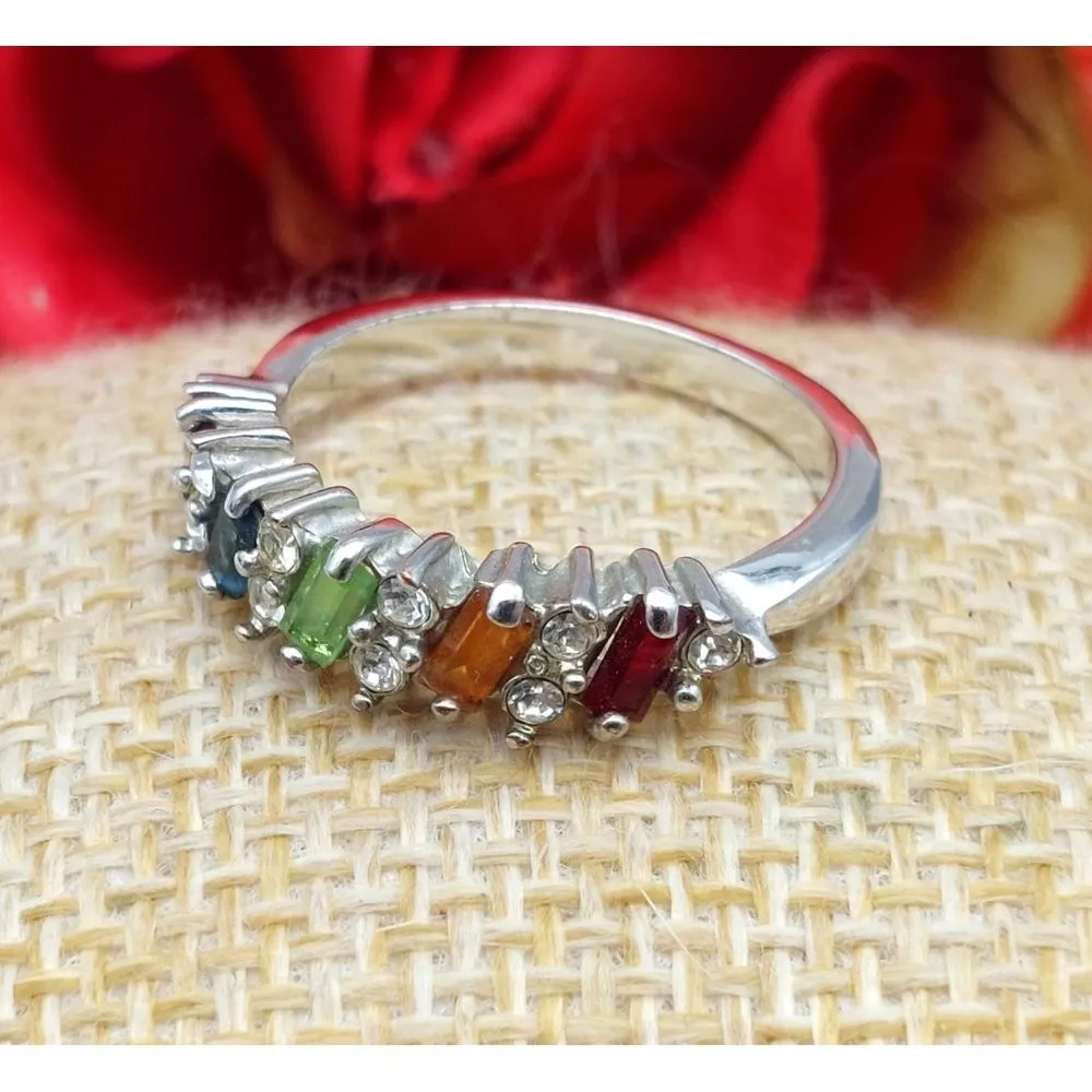 Cute Silver Tone Clear & Colorful Crystal Fashion Ring Size 7 - Image 3