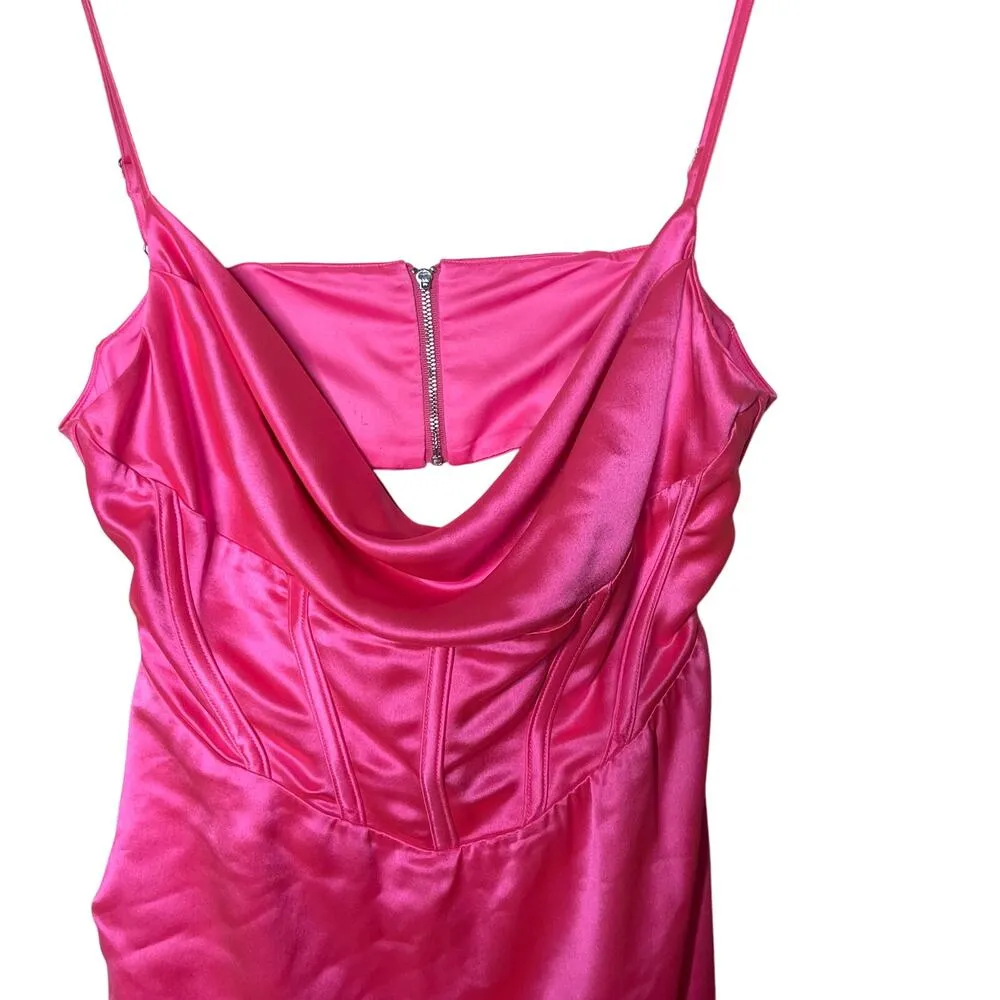 Retrofete Rosa Maxi slip Dress in Hyper Pink with side seam split sz L Size L - Image 8
