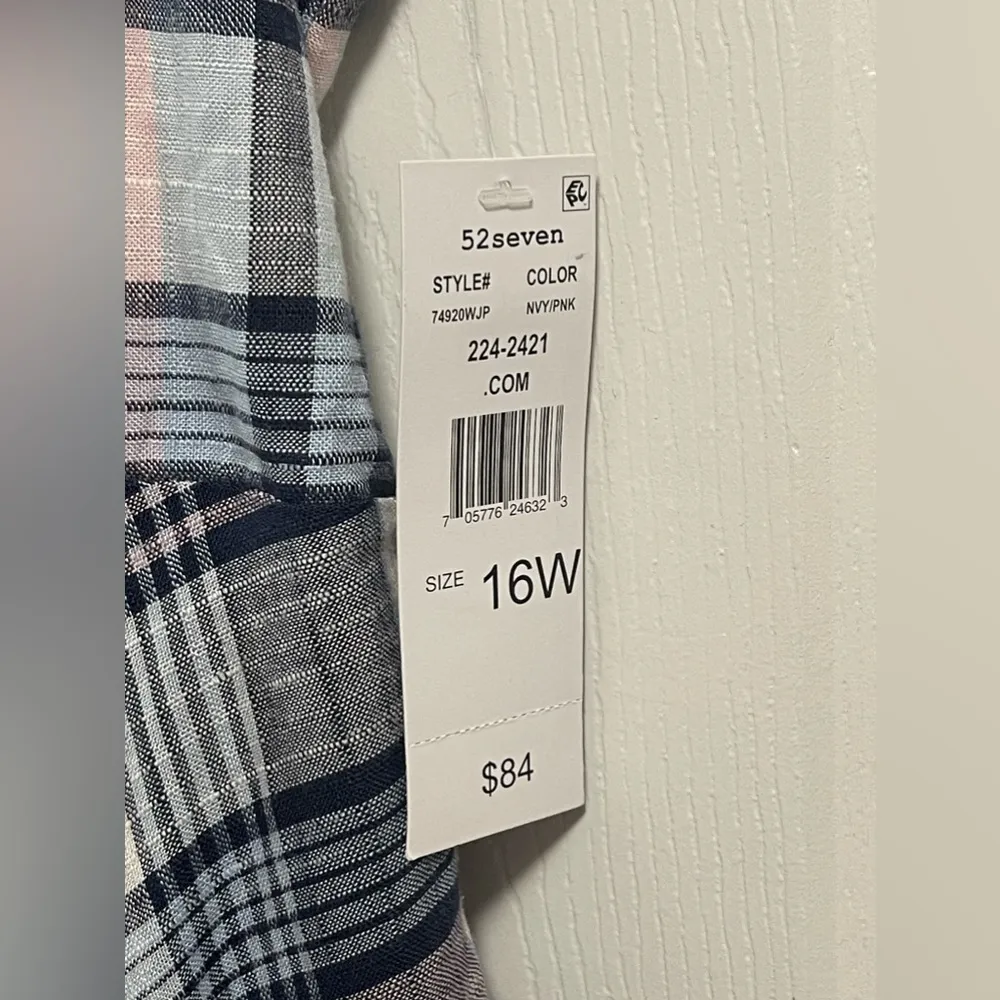 52seven Maxi Dress Women’ Plaid Sleeveless Square Neck Smocked Linen Ruffle 16W Blue - Image 5