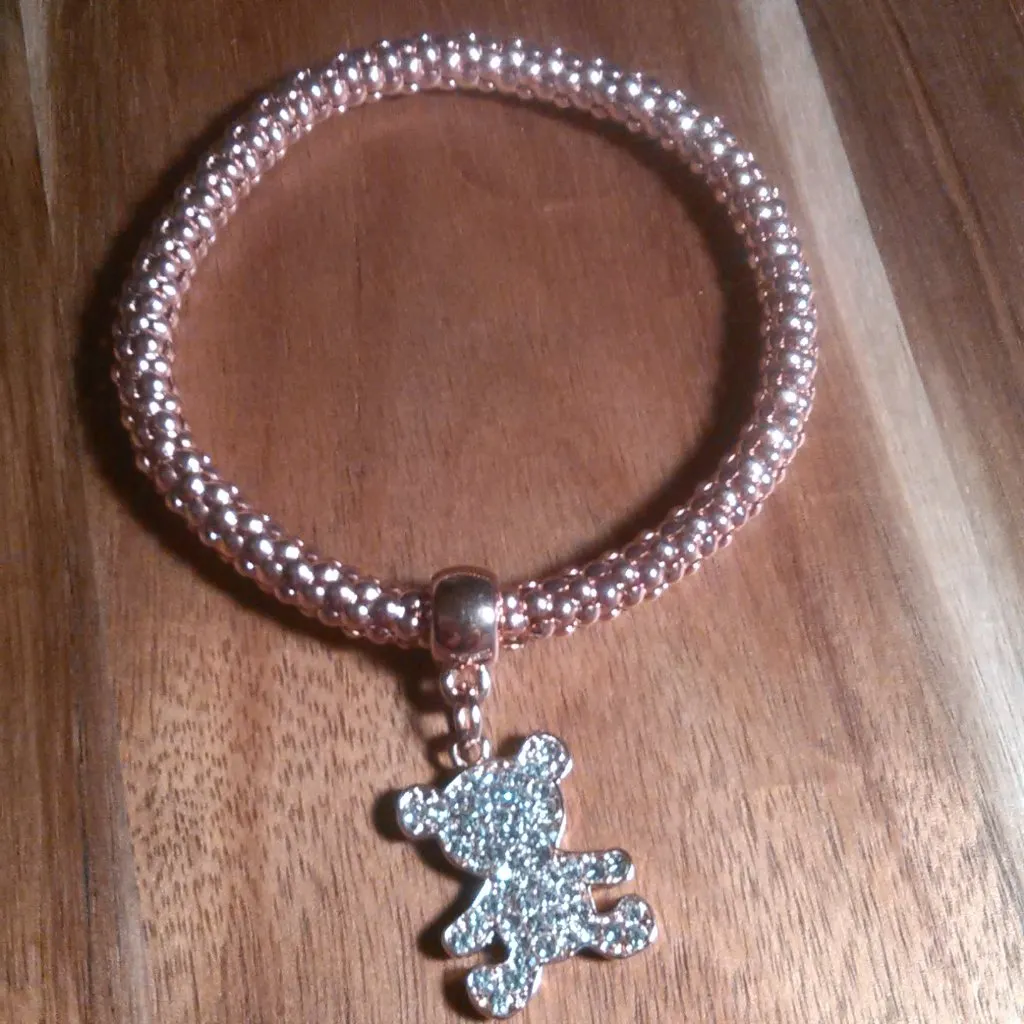 White Austrian Crystal Teddy Bear Charm Rosetone Stretch Bracelet - Image 5