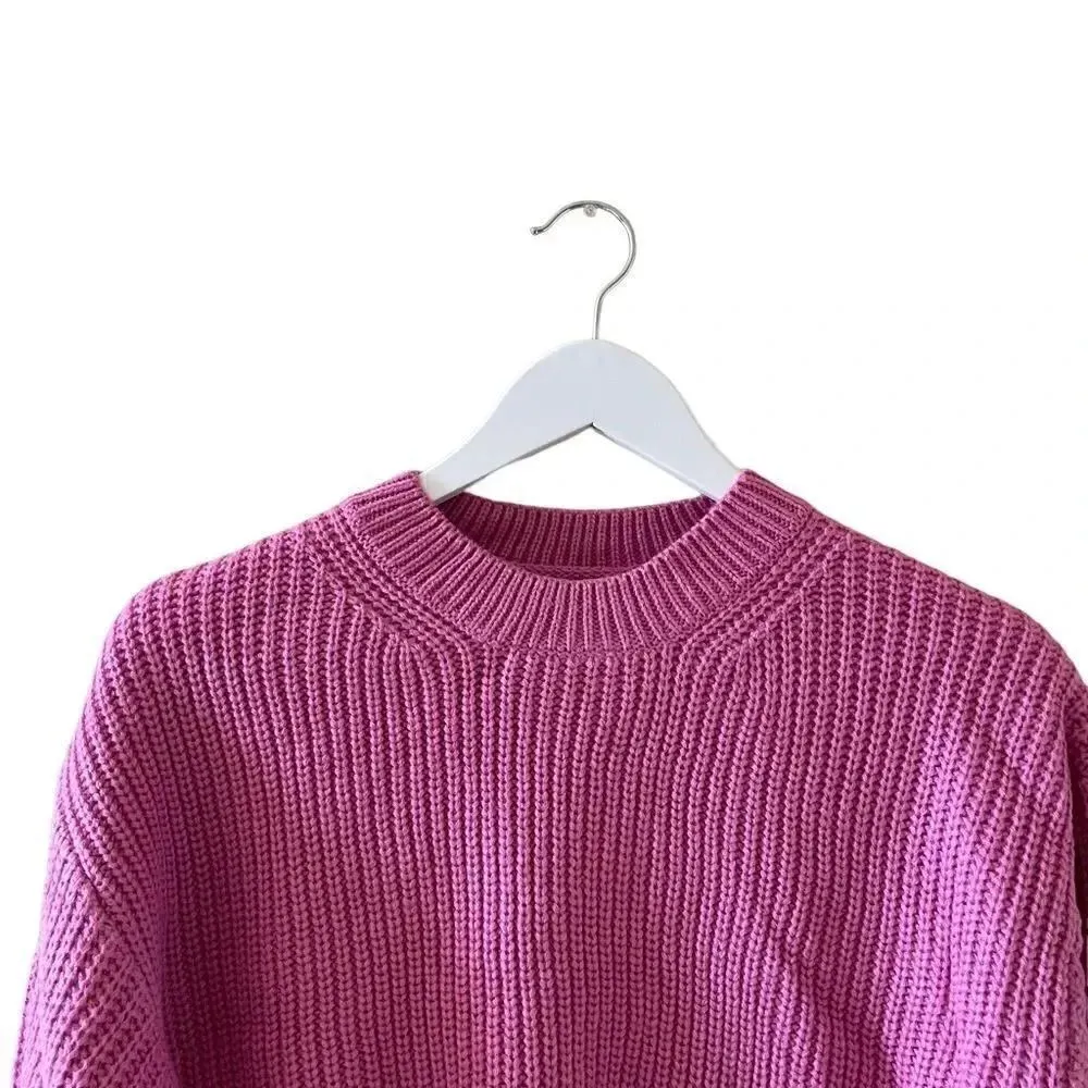 Elodie Waffle Knit Cropped Sweater Women's Purple  Long Sleeve Crew Neck S - Image 3