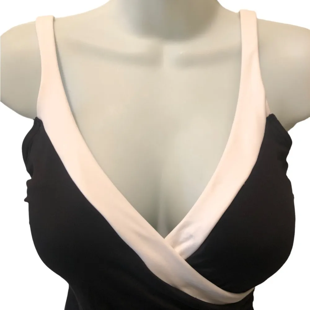 Bond Eye NIPTUCK Slimming Ruched Wrap Top One Piece Swimsuit 8 Black White Tux - Image 3