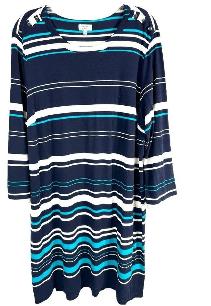 Crown Ivy Plus Size XL Dress Navy Blue Striped Long Sleeve Knee Length Shift 566 - Image 10