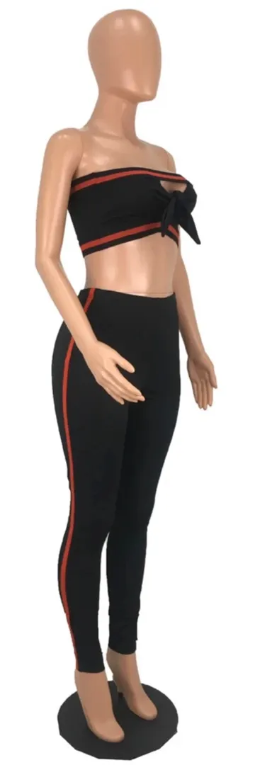 Ladies Strapless red Stripe Bodysuit Leggings Black - Image 3