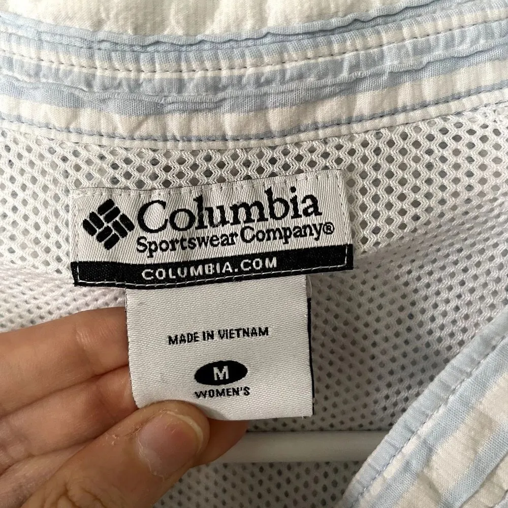 Columbia blue white striped 3/4 sleeve button down collared cotton nylon comfort - Image 3
