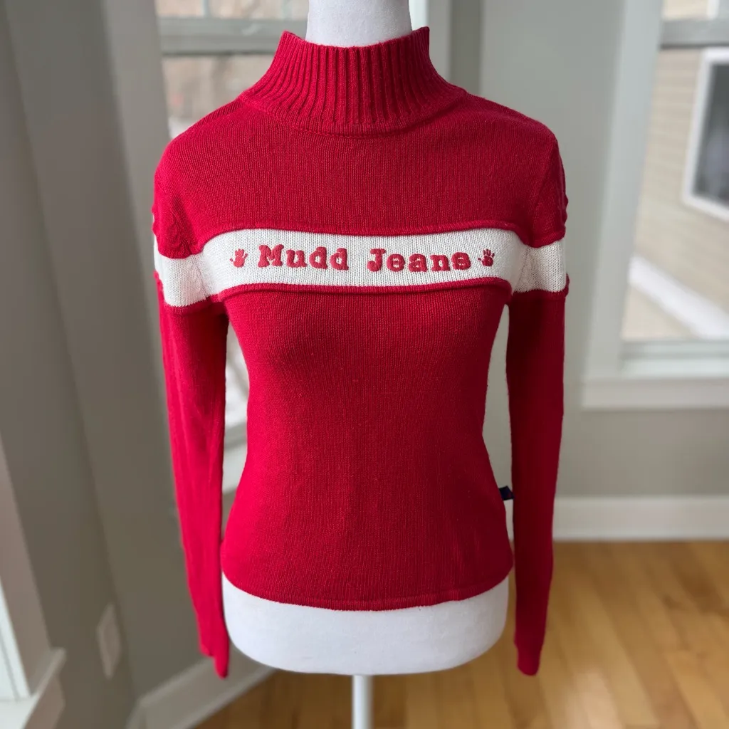 Vintage 80s Mudd Jeans Red White Stripe Ramie Cotton Mockneck Fitted Sweater M Size M - Image 7