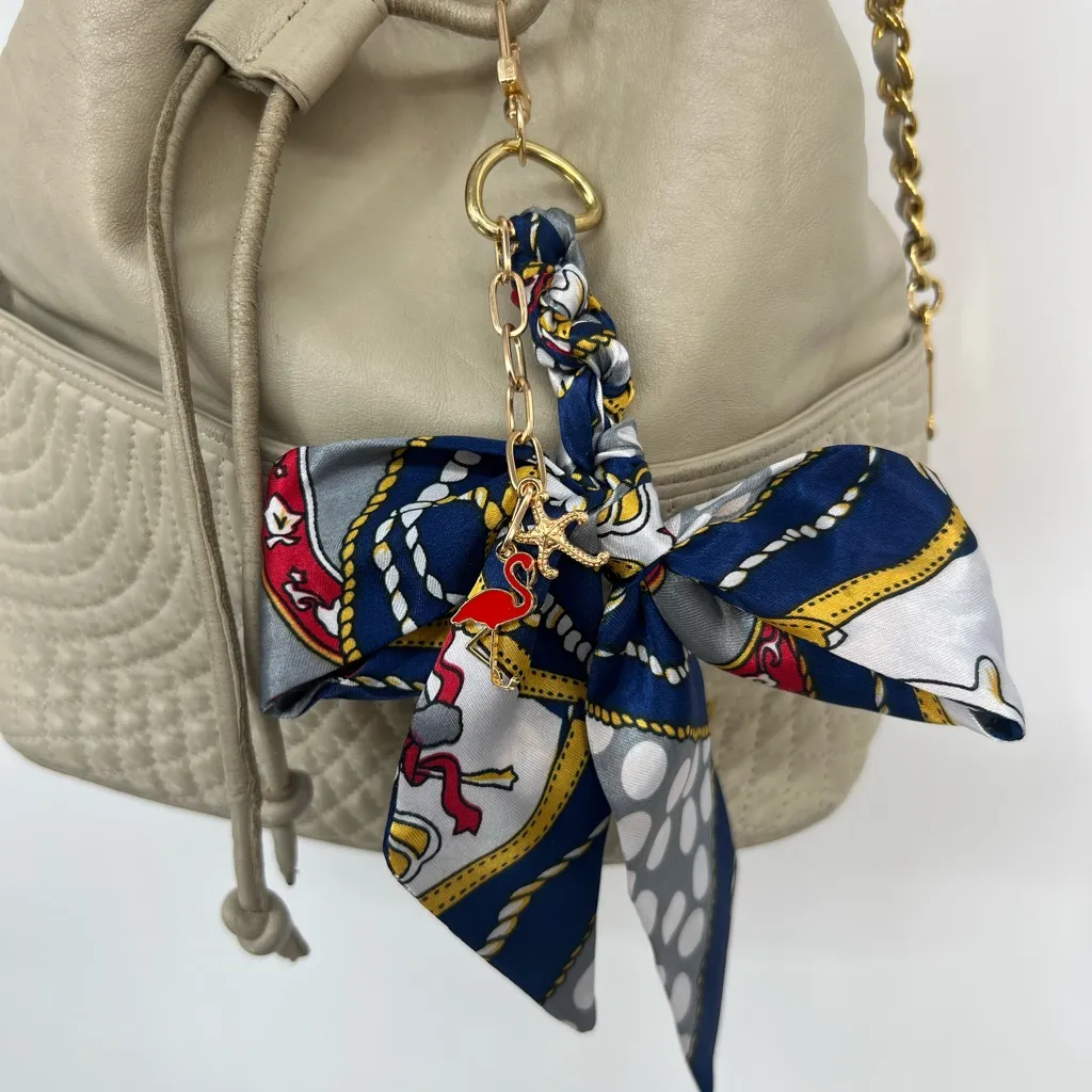 Navy nautical Bow Keychain Purse Charm with Charms Blue - Image 2