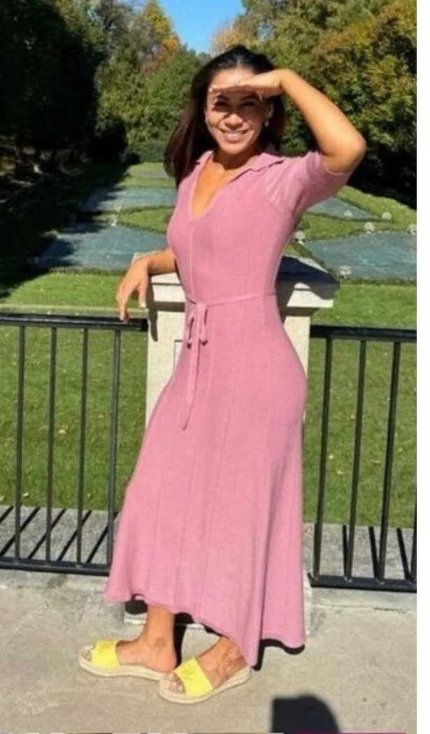 ADAM LIPPES COLLECTIVE Pink Knit Collared Neckline Tie Waist Dress Size Large - Image 10