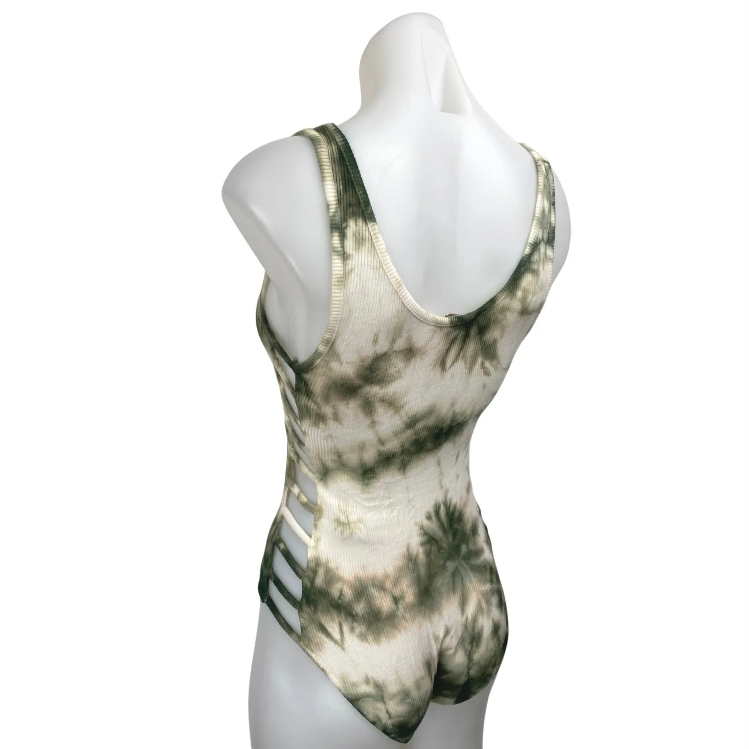 Don't Ask Why Green Cream Tie Dye Ribbed Knit Sleeveless Tank Bodysuit Top OS - Image 2