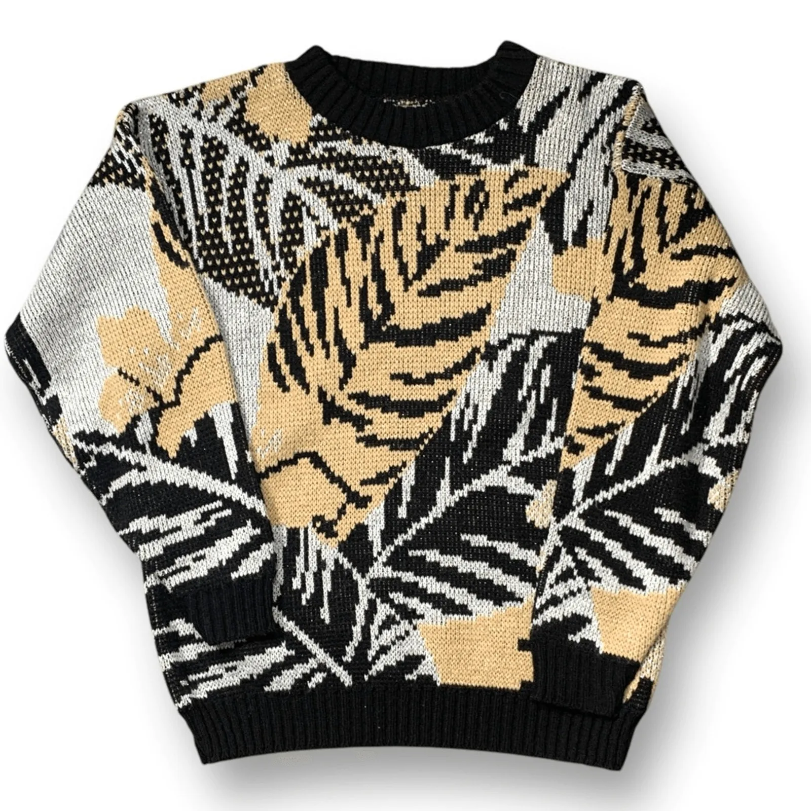 Vintage Black Beige Metallic Leaf Sweater Abstract Knit Metallic Thread USA Size L - Image 1