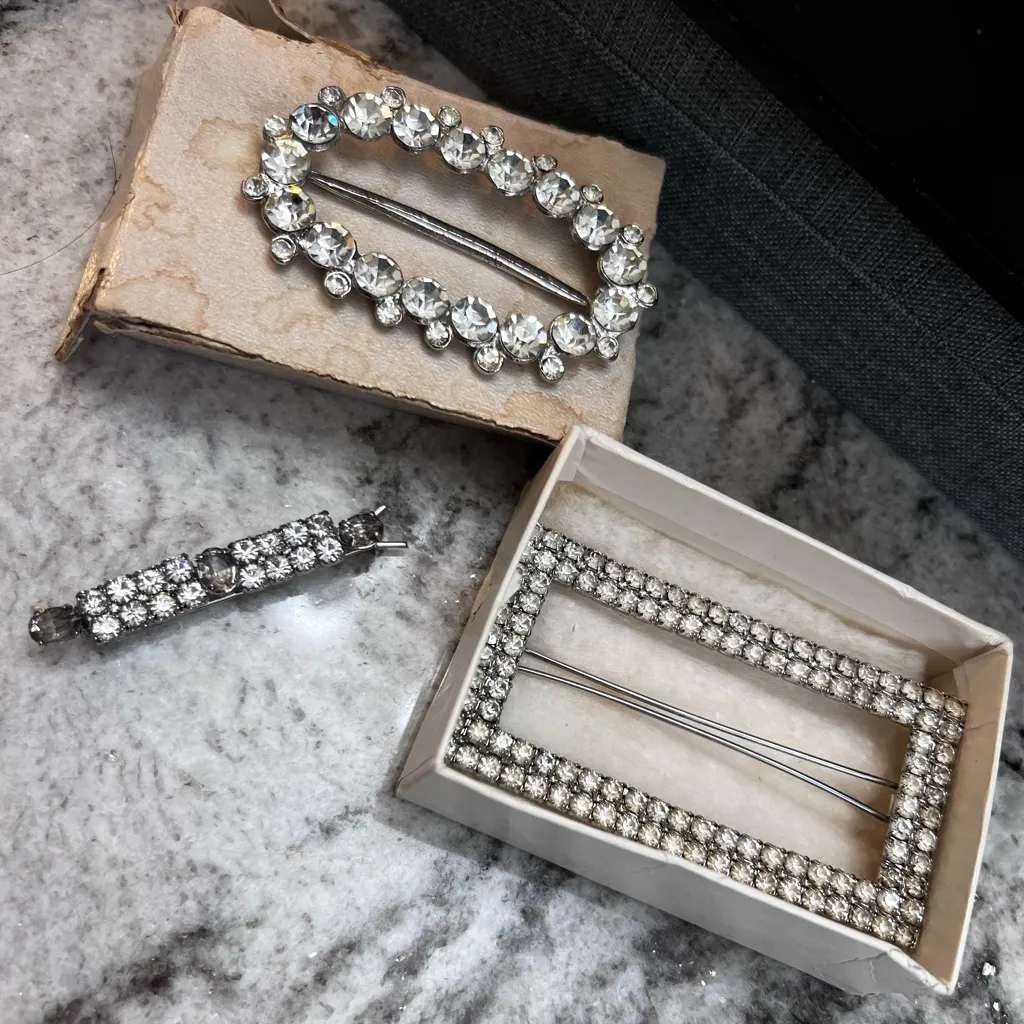 Vintage Rhinestone Hair Barrettes Set ✨ Art Deco Silver Tone - Image 3