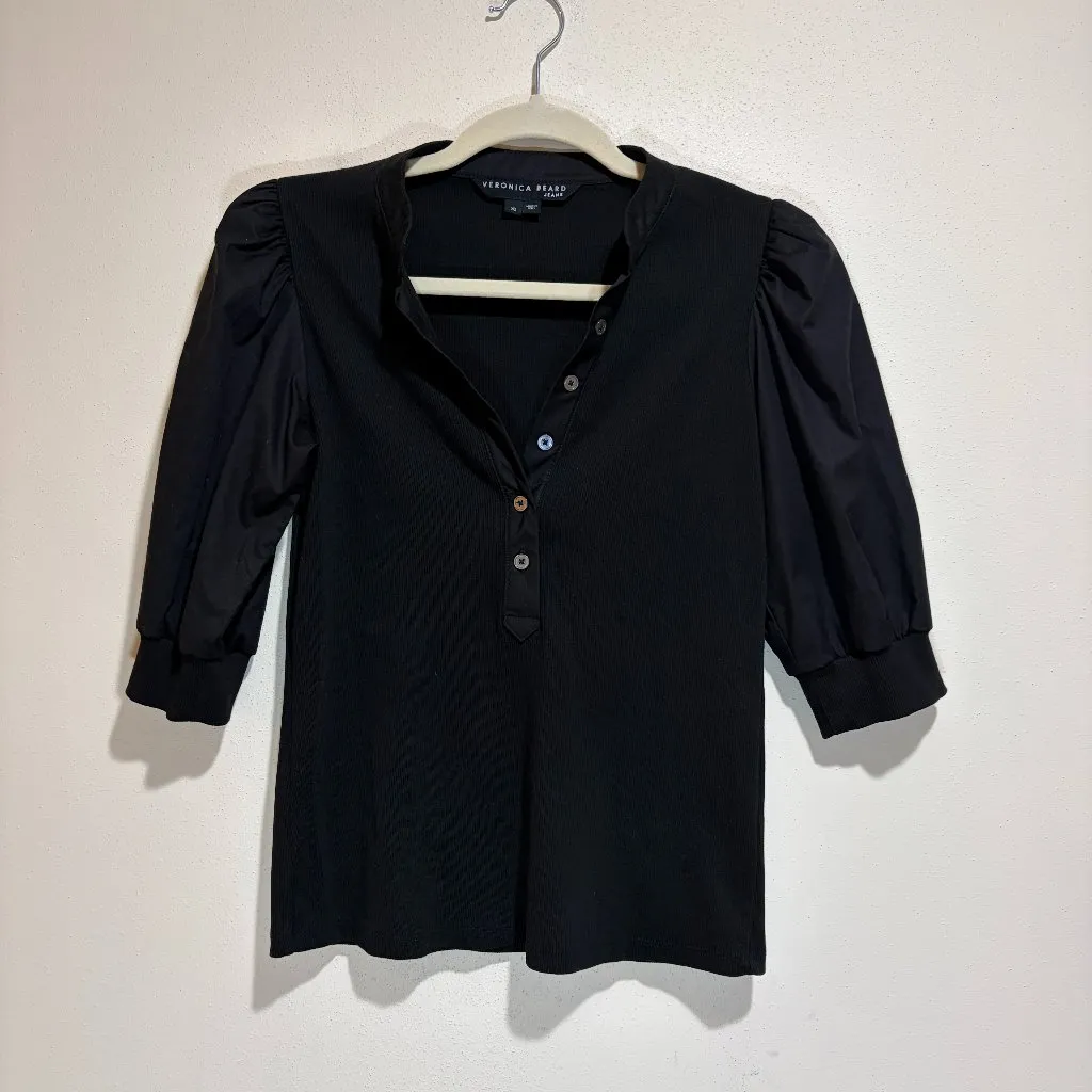 Veronica Beard Coralee Puff Sleeve Ribbed Top Blouse Black - Image 2