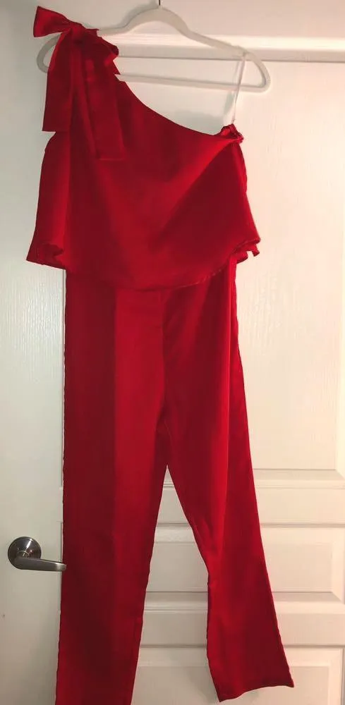 Red One Shoulder tie Jumpsuit - Image 3
