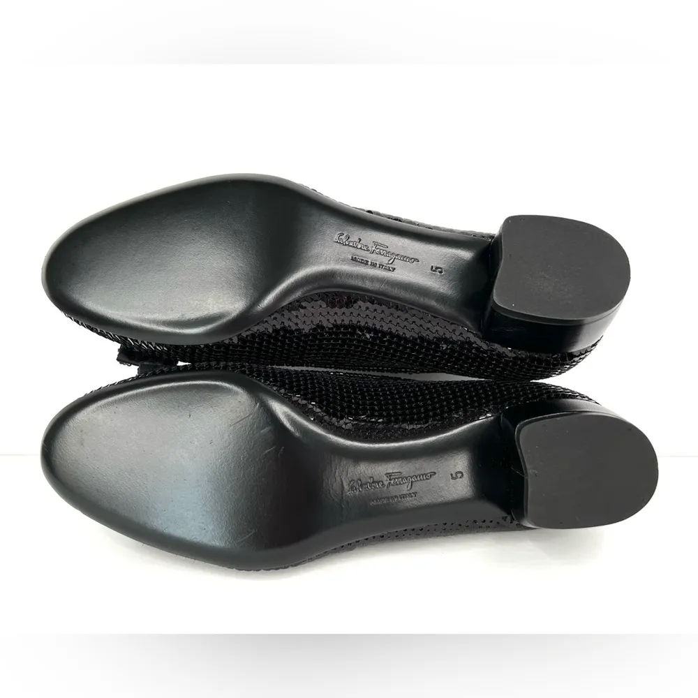 SALVATORE FERRAGAMO Vara Bow Black Sequin Block Heel Ballet Pumps Size 5 - Image 8