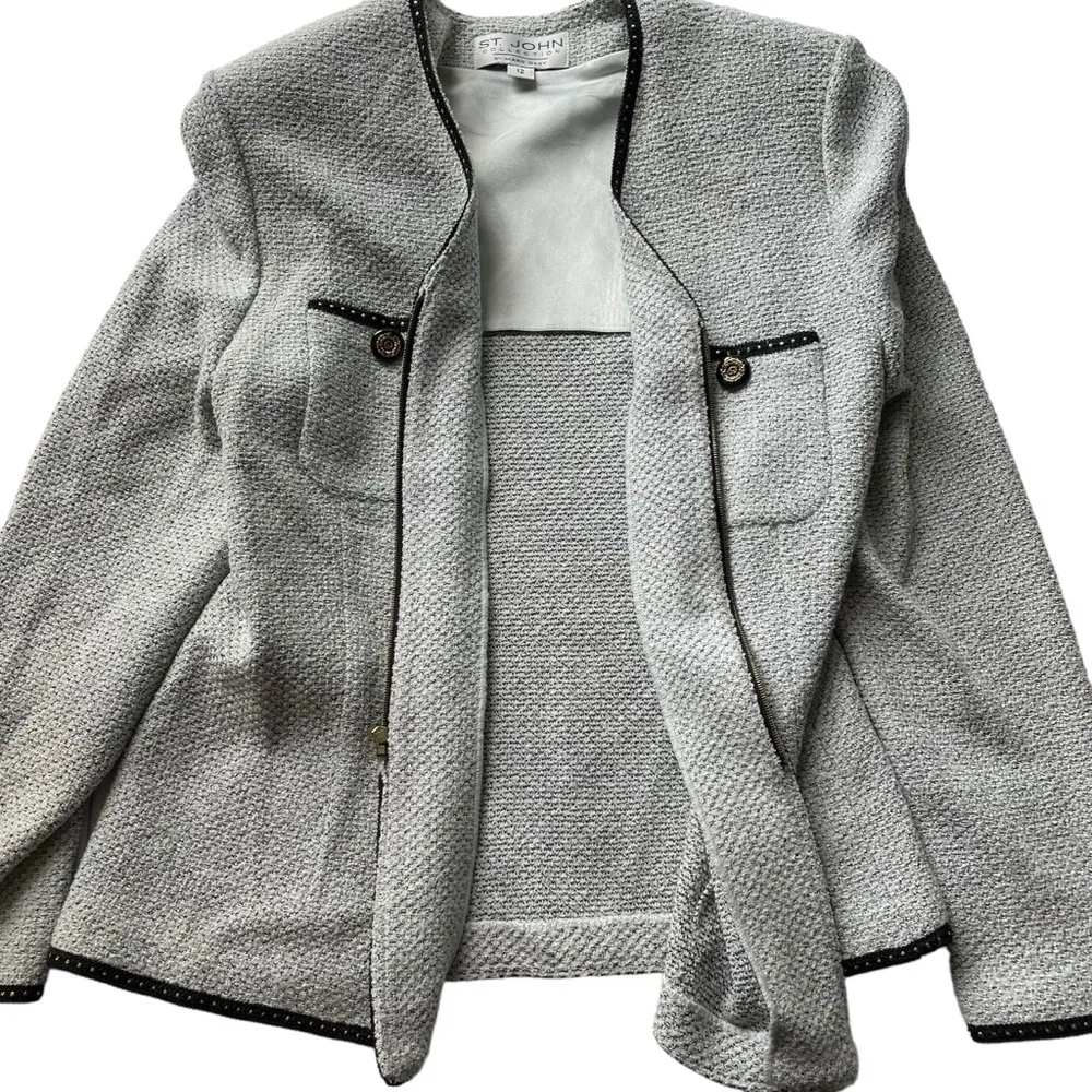 St. John Collection Tweed Knit Blazer Jacket Blue Size 12 zip formal luxury - Image 11