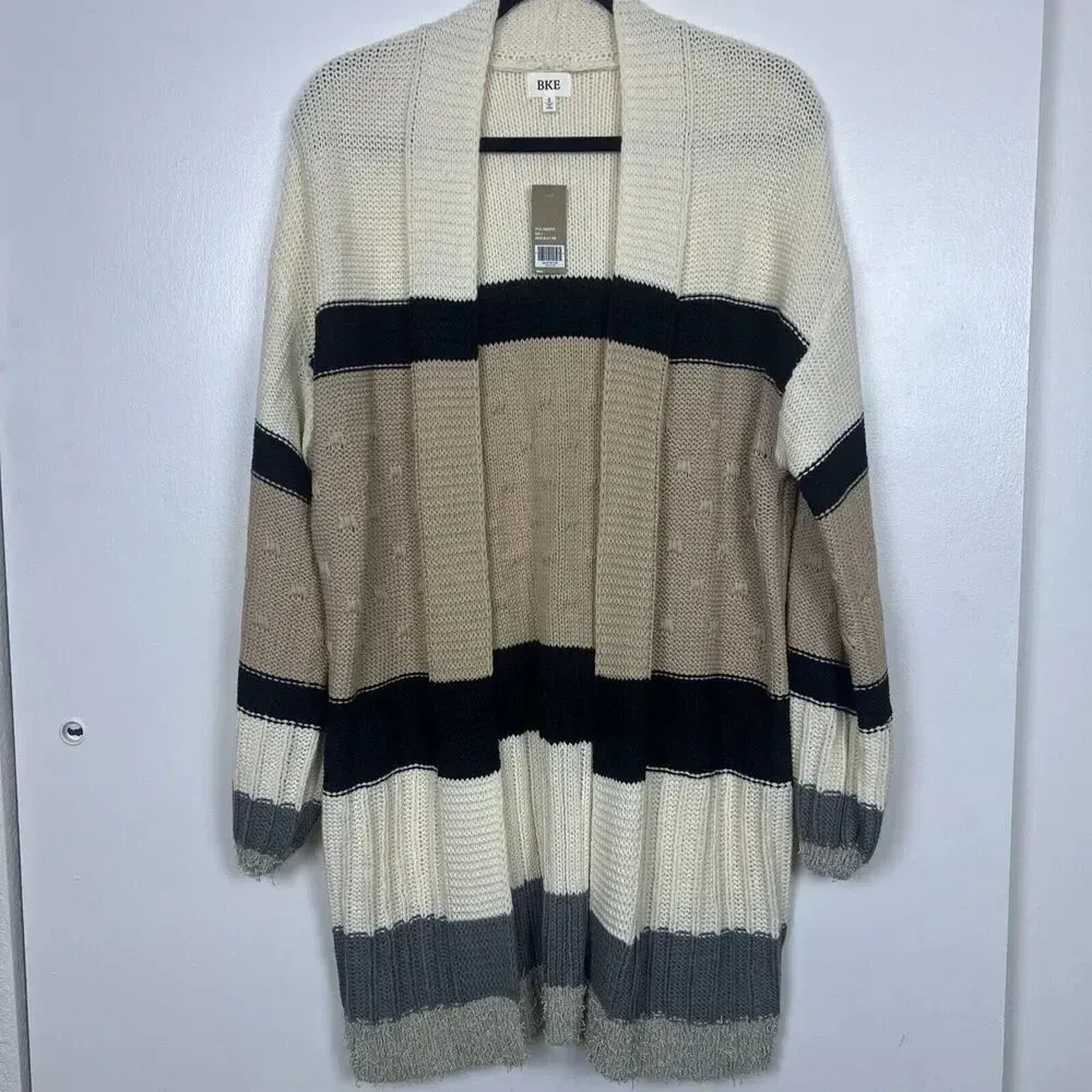 BKE Long Neutral Color Block Open Weave Knit Cardigan Sweater Size Small NWT - Image 2