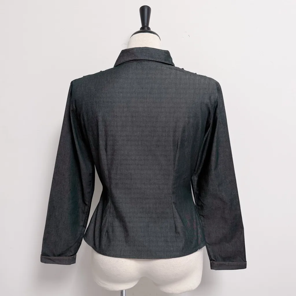 Anne Fontaine Dark Denim Zip Up Ruffle Slim Fit Short Collar Jacket Top 3 Medium Blue - Image 6