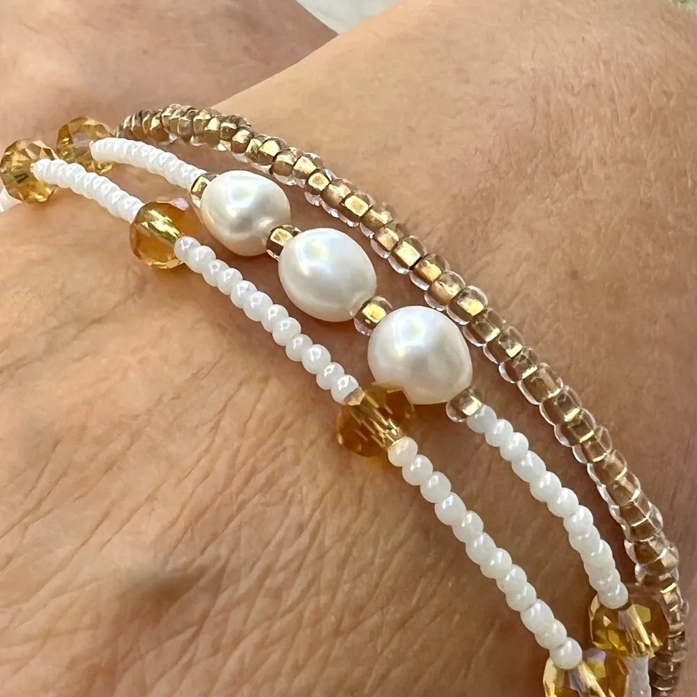 Triple Strand Pearl & Golden Glass Beaded Bracelet Gold - Image 3