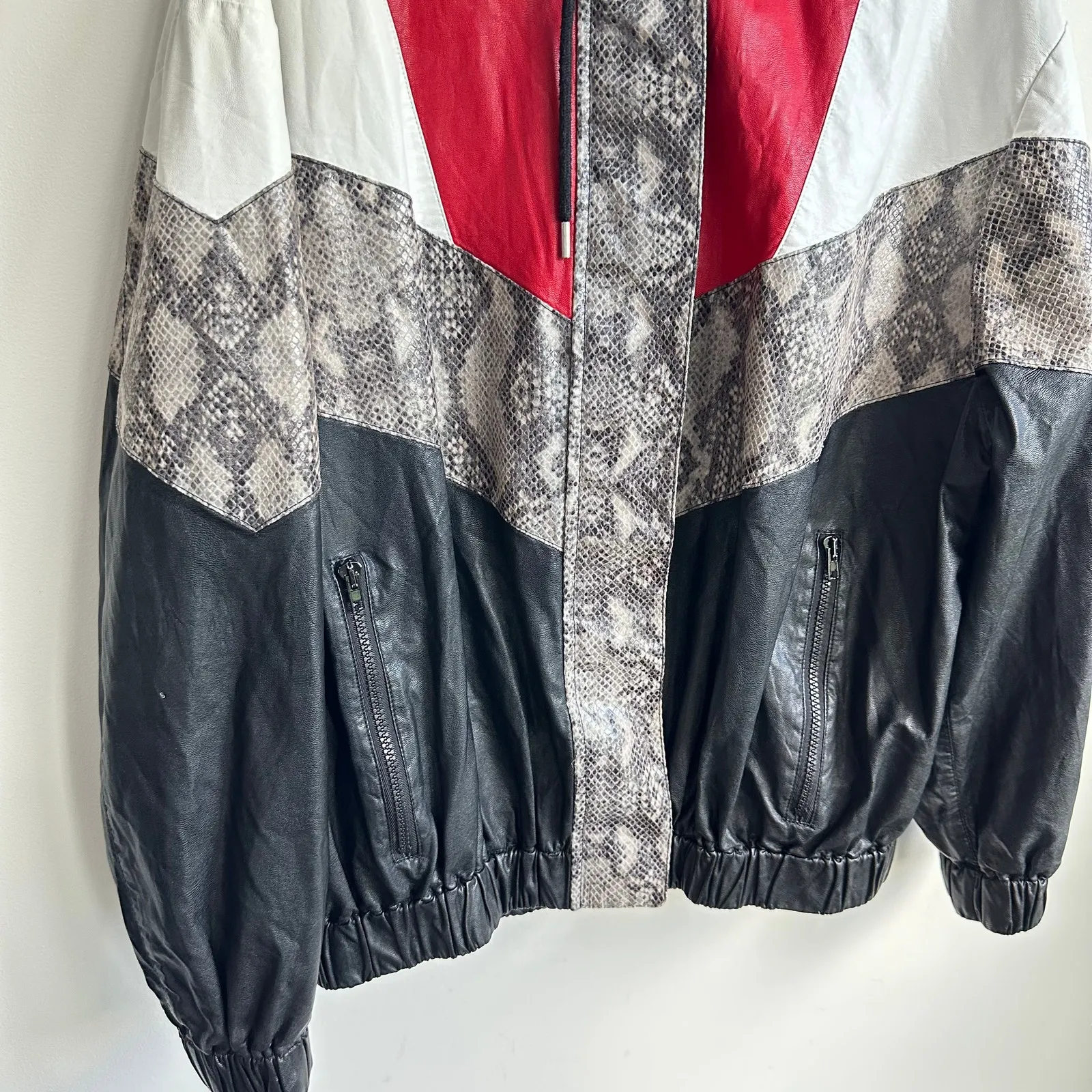 MSGM Faux Leather Sz 10 Large Snake Print Bomber Jacket IT 44 Black Red Designer - Image 5