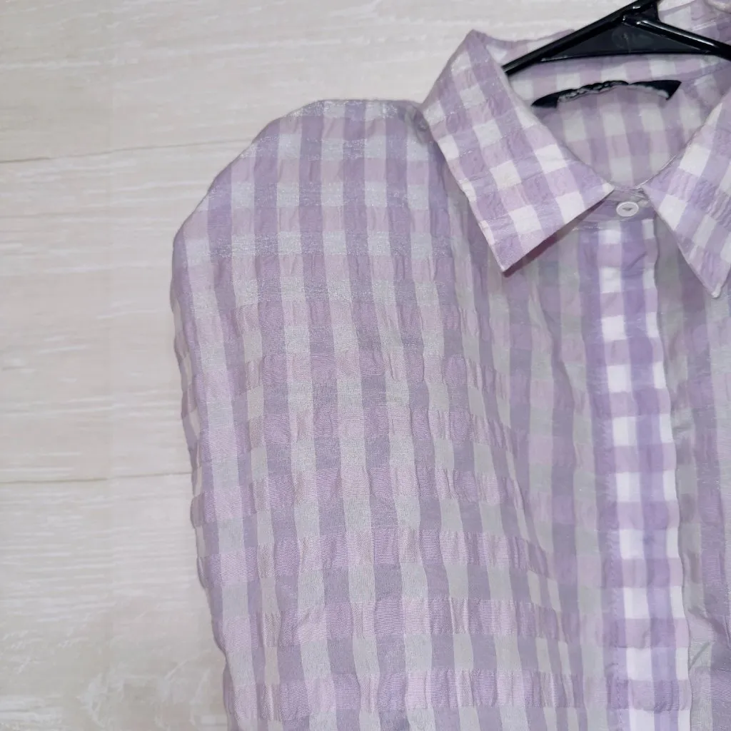 Zara Women's Size Small Purple Sleeveless Shoulder Pad Plaid Button Up Crop Top - Image 3