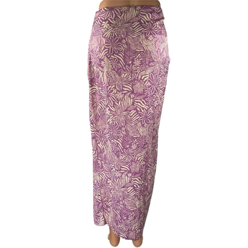 Free People Purple Floral High Waist Ruched Tie Front Slit Maxi Pencil Skirt - Image 3