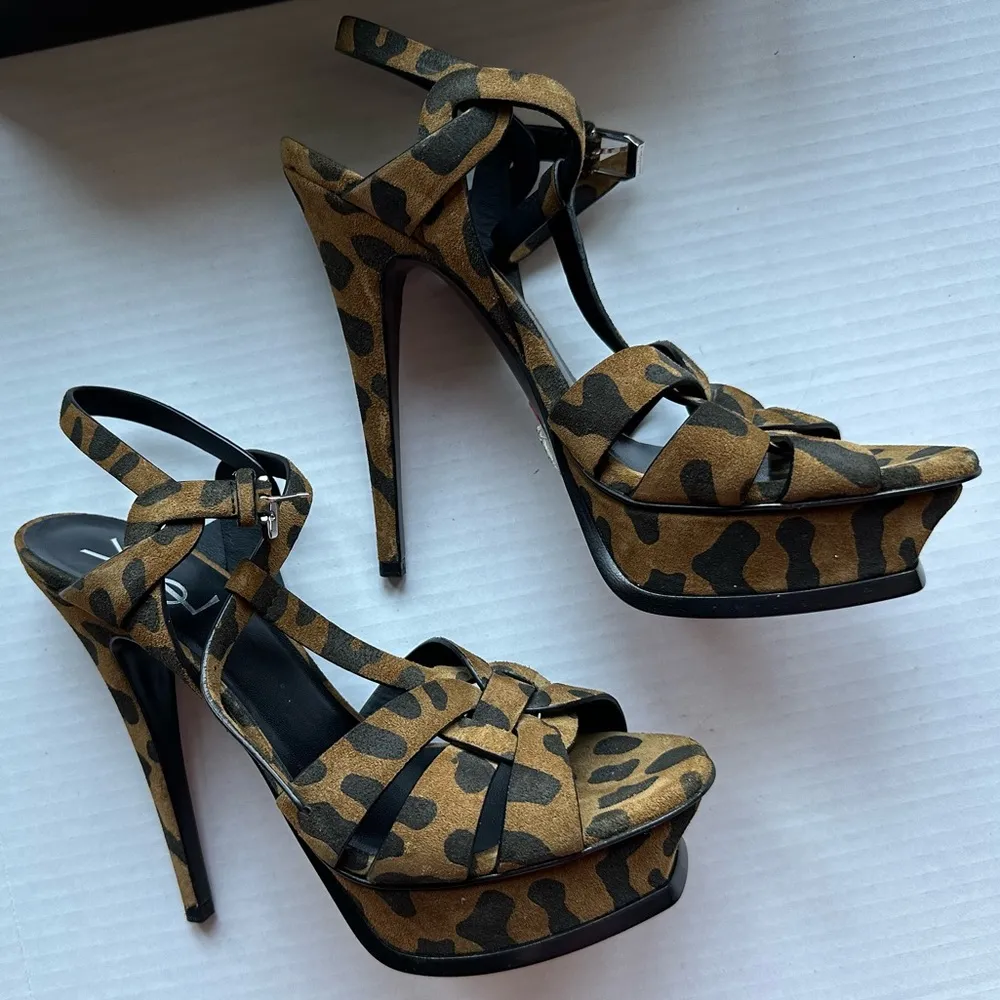 SAINT LAURENT Suade Leopard Print Tribute 105 Platform Sandals Size 8/38 NEW - Image 3