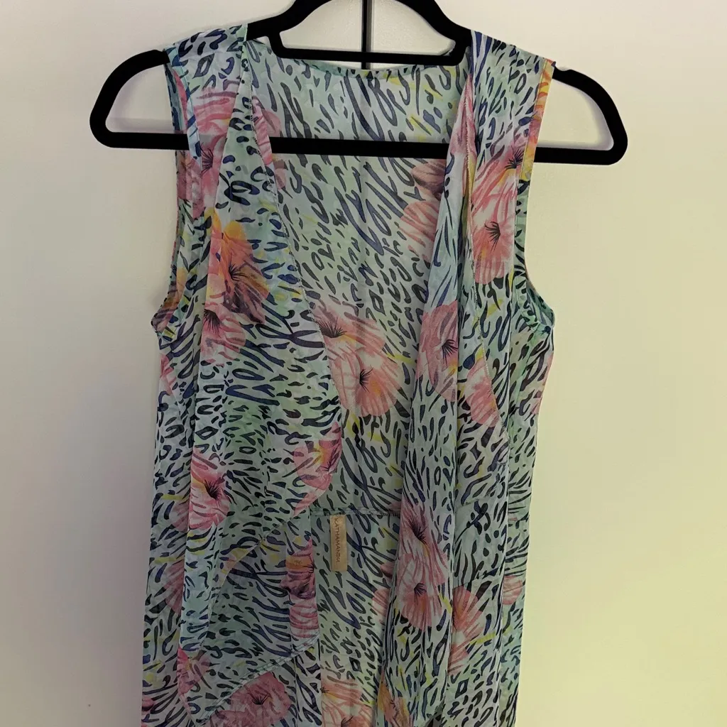 Women one size Floral Sleeveless kimono coverup vest swimwear lightweight loose Blue - Image 3