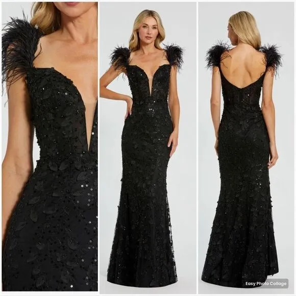 MAC DUGGAL 20889 Womens Black Sheer Applique Bustier Gown with Feather Straps - Image 2