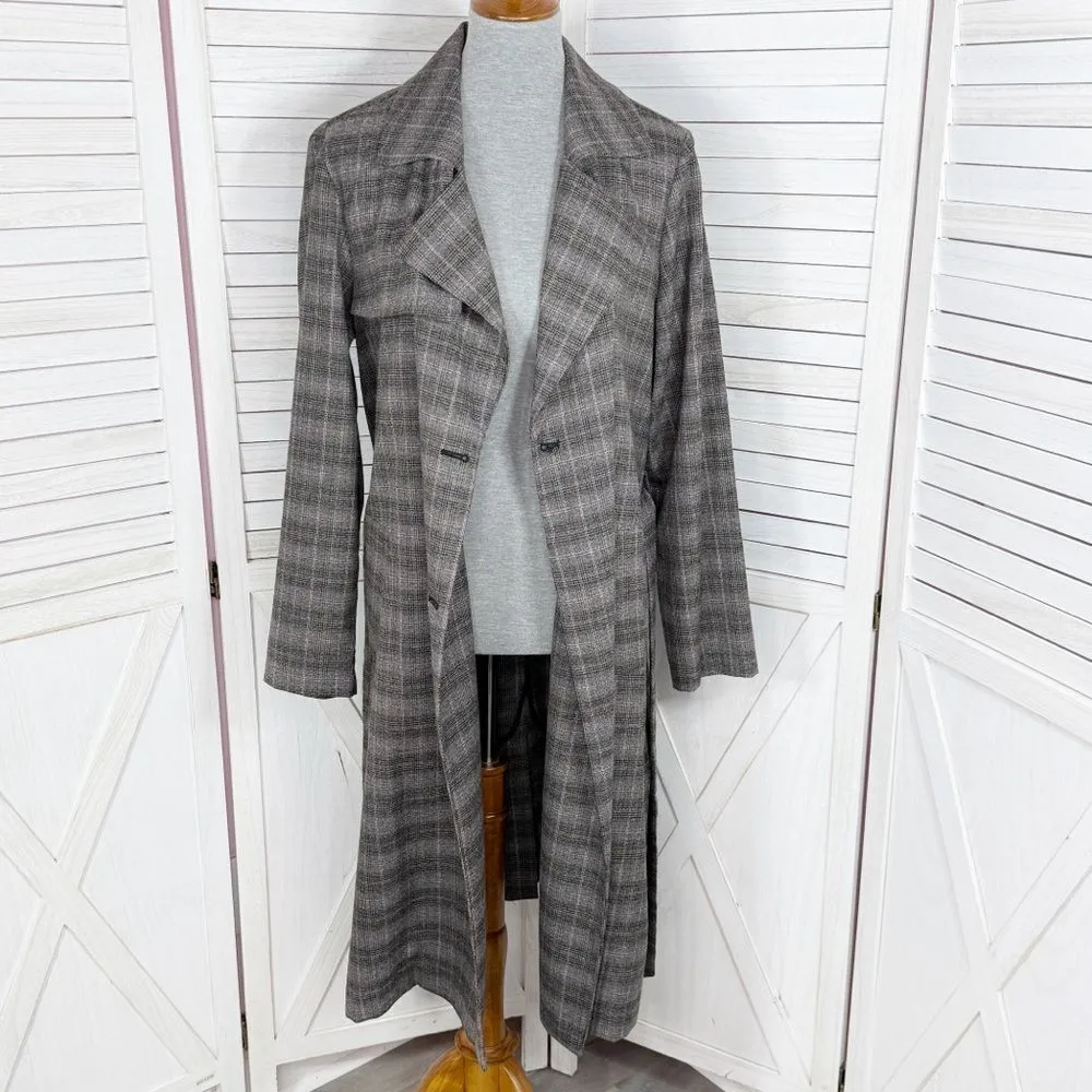 Jennifer Lopez Plaid Double Breasted Lightweight Trench Coat Grey Large - Image 2