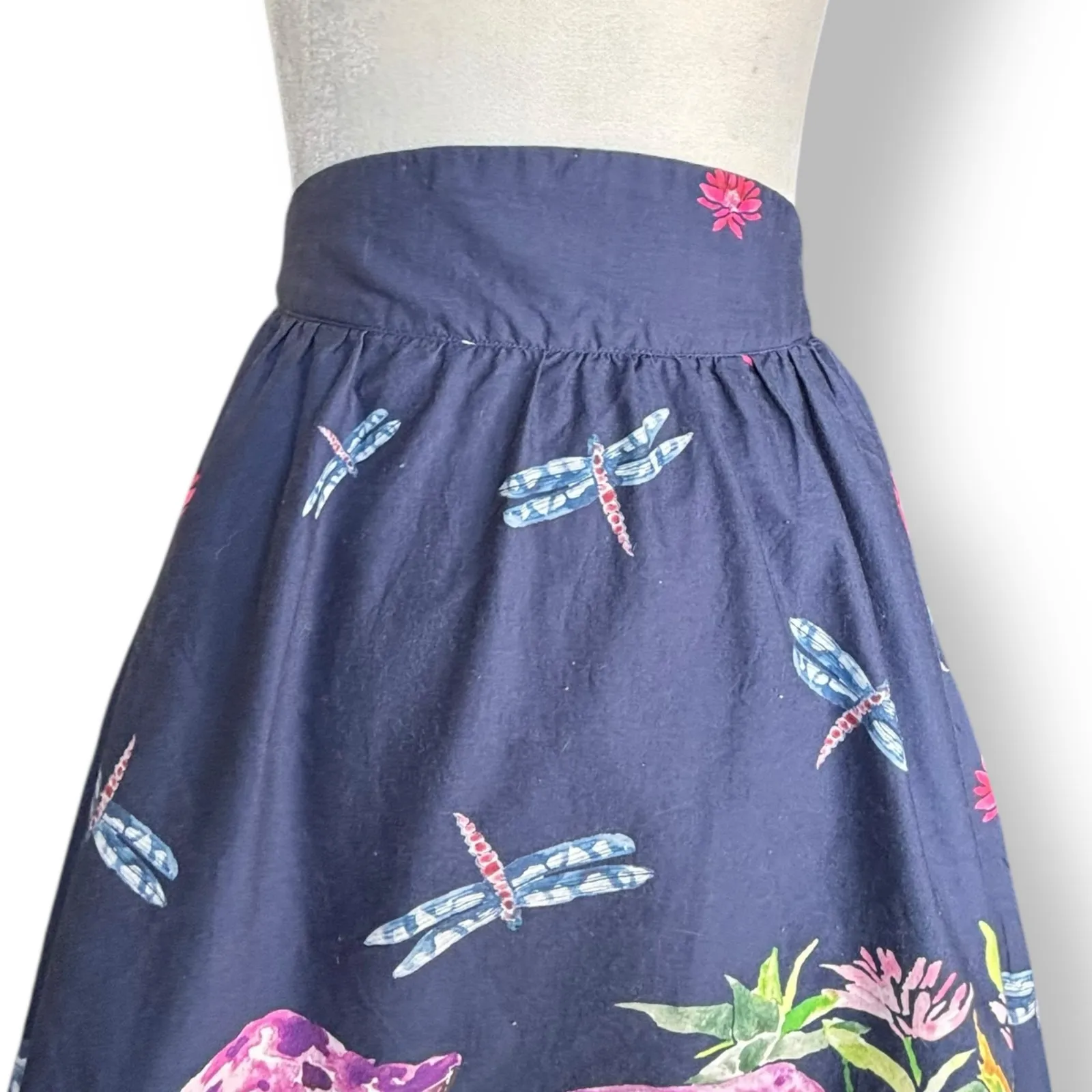 ModCloth Skirt Frogs Mushrooms Dragonflies  Animal Print A-line Size Small Navy - Image 7