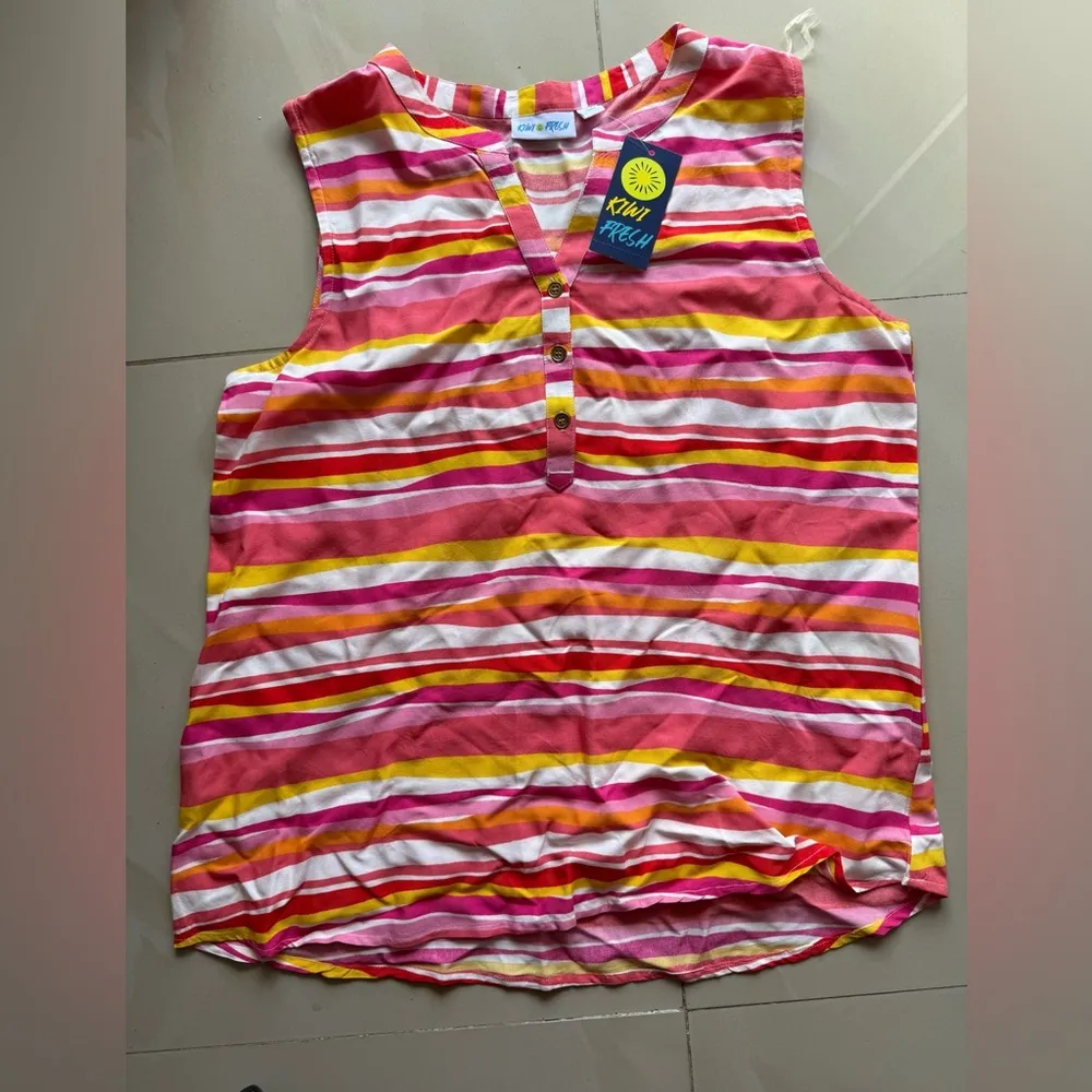 Women’s Kiwi & Fresh Tank Top pink colorful stripes sleeveless summer Rayon PL Size undefined - Image 2