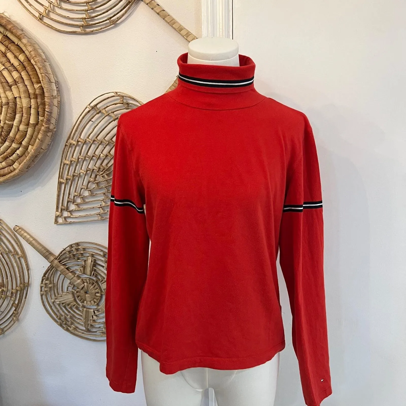 Vintage Tommy Hilfiger Red Stripe Turtleneck Long Sleeve 90's Streetwear Top M - Image 3