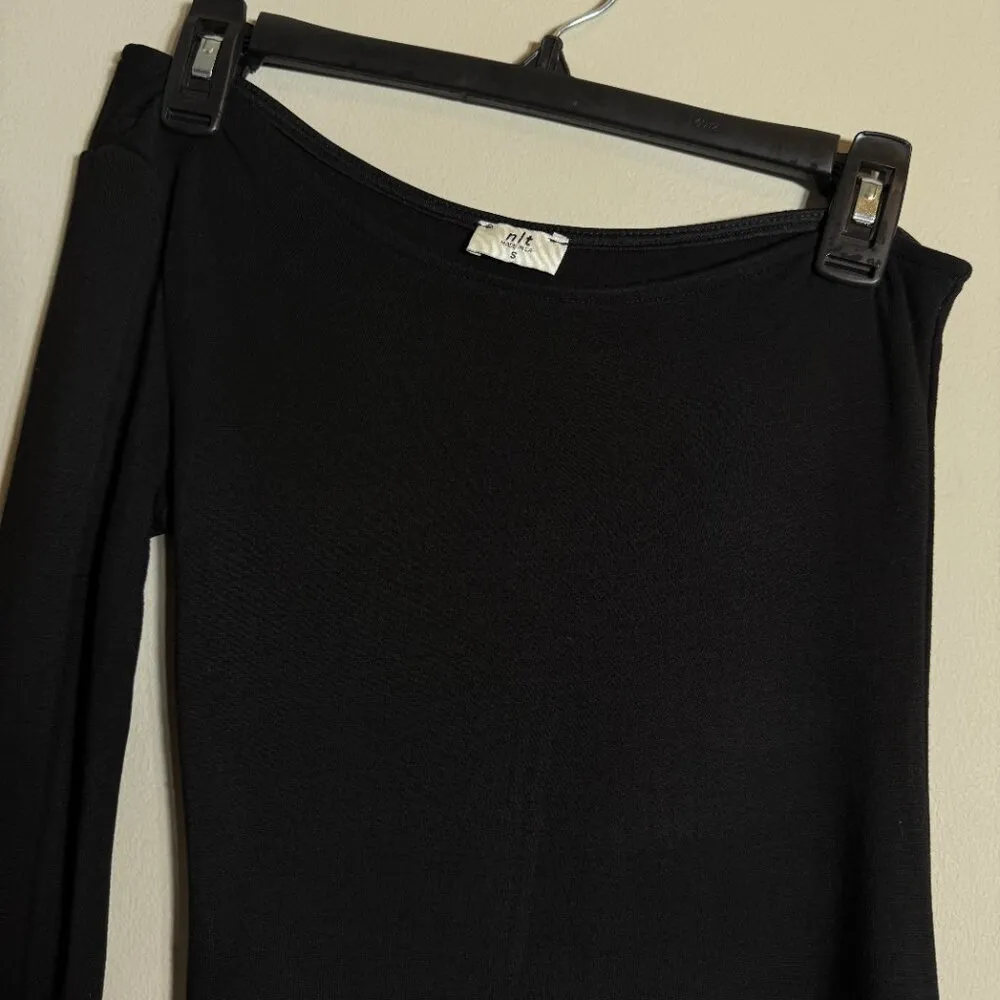 NLT One Shoulder Jersey Bodycon Midi Dress Women's Small Black Side Slit LBD - Image 6