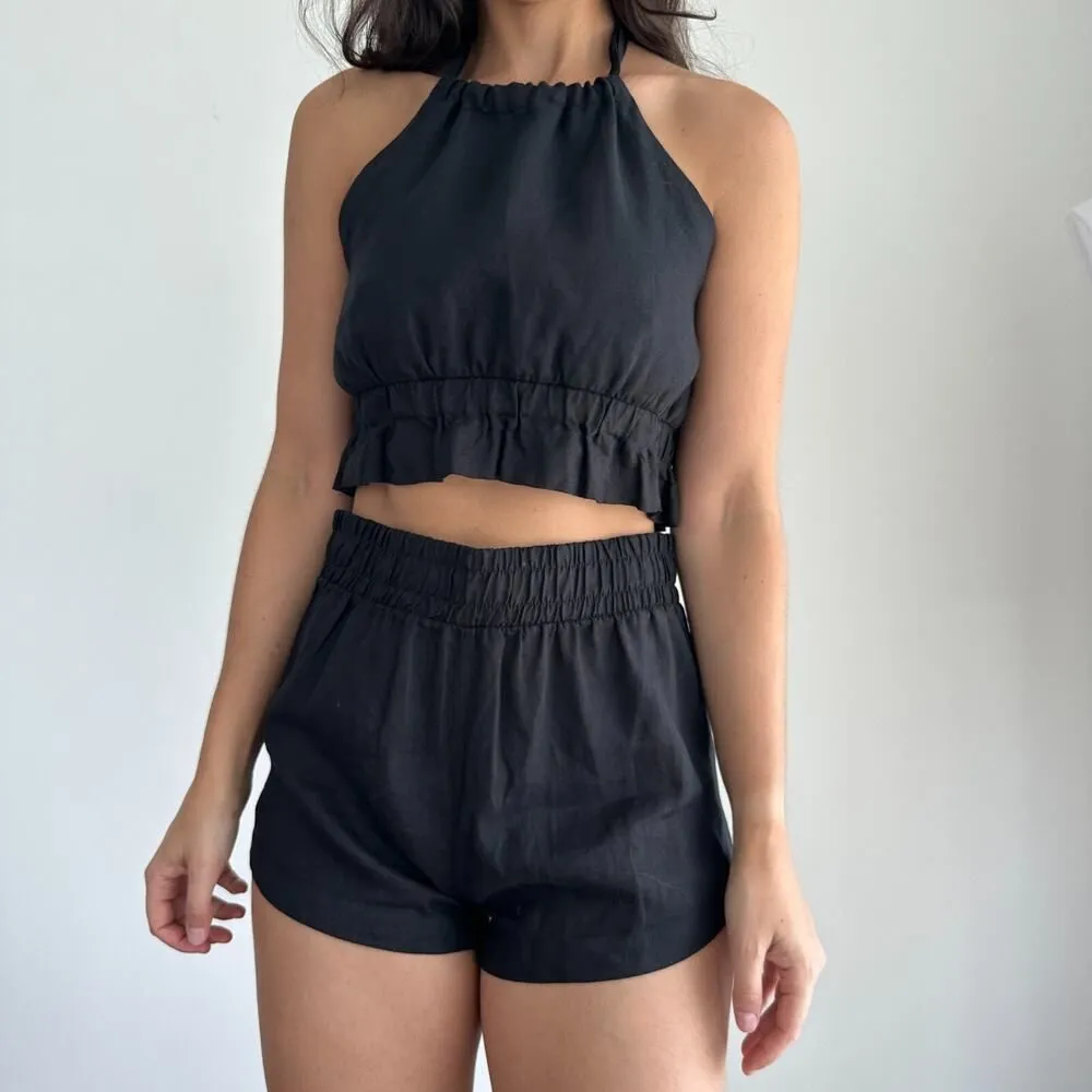 Touche Linen Set Small Black Co Ord Shorts Crop Top Resort Vacation Minimalist - Image 3