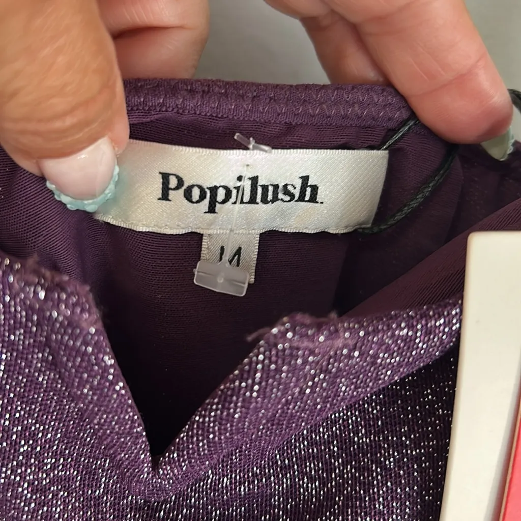 Popilush Shapewear Ruched Metallic Knit Square Neck Bodysuit Purple Size M - Image 10